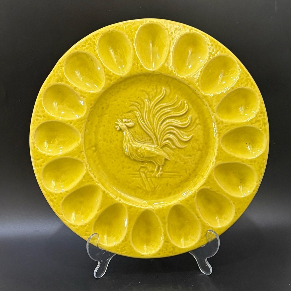 Vintage California Pottery Yellow Glazed Rooster Deviled Egg Plate 12” Platter